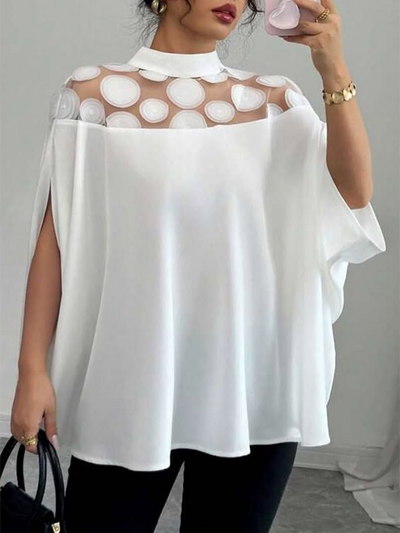 Batwing Sleeves Half Sleeves Polka-Dot See-Through Solid Color Split-Joint Stand Collar Blouses&shirts Tops