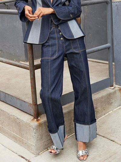 Long Sleeves Loose Buttoned Contrast Color Split-Joint Deep V-Neck Jackets Outerwear Two-Piece Sets