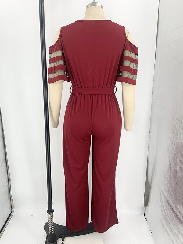High Waisted Loose Hollow Mesh Solid Color Tied Waist V-Neck Jumpsuits