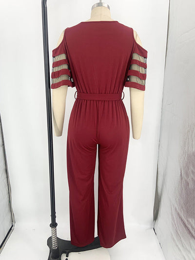 High Waisted Loose Hollow Mesh Solid Color Tied Waist V-Neck Jumpsuits