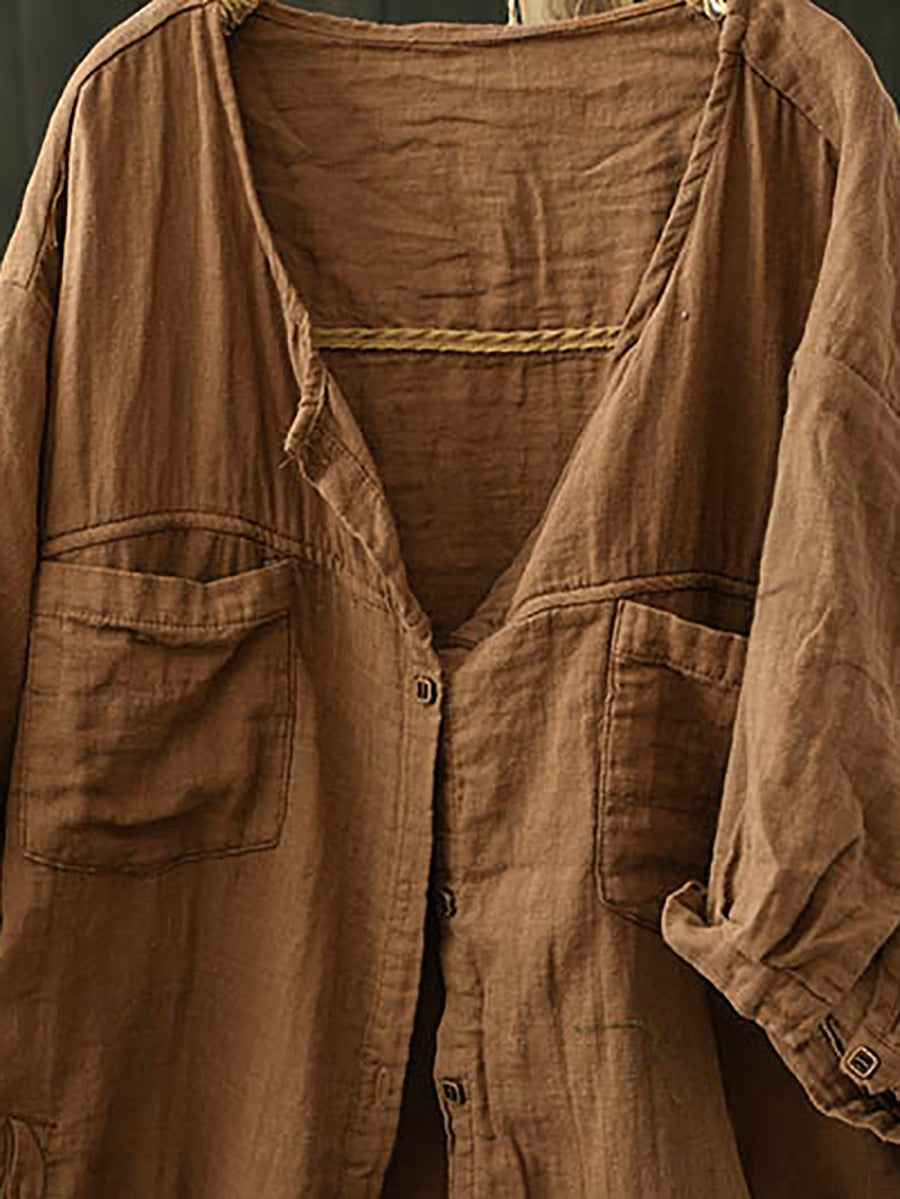 Plus Size Women Summer Worn Pure Color V-Neck Cotton Shirt