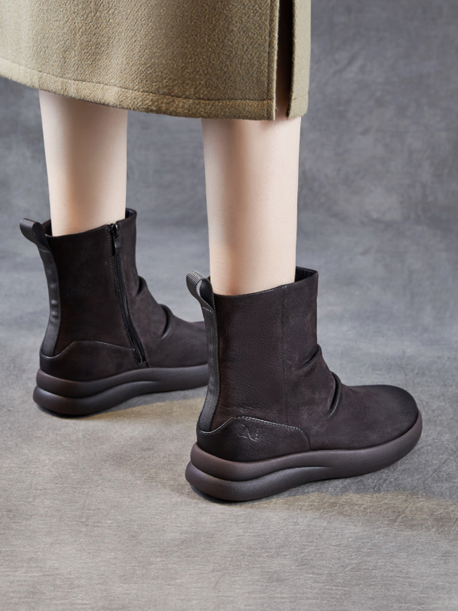 Women Winter Retro Genuine Leater Flat Boots