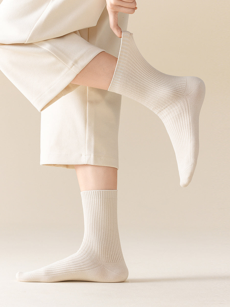 5 Pairs Women Casual Pure Color Mid-Heel Cotton Socks