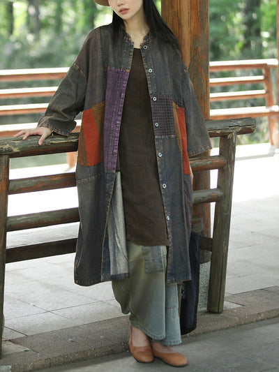 Women Retro Autumn Spliced Stand Collar Cotton Coat