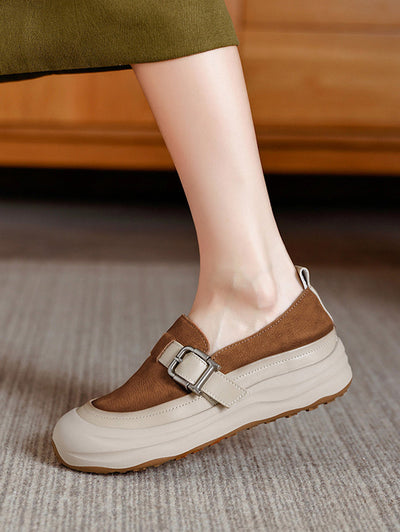 Women Autumn Colorblock Leather Flat Shoes