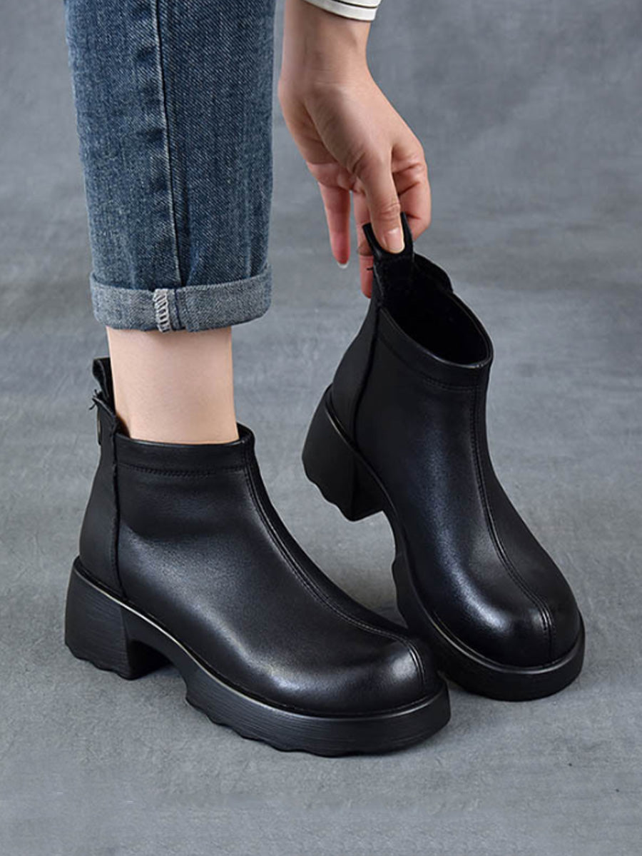 Women Winter Genuine Leather Mid-Heel Ankle Boots
