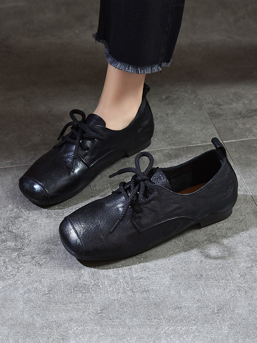 Women Vintage Genuine Leather Square-toe Low Heel Shoes