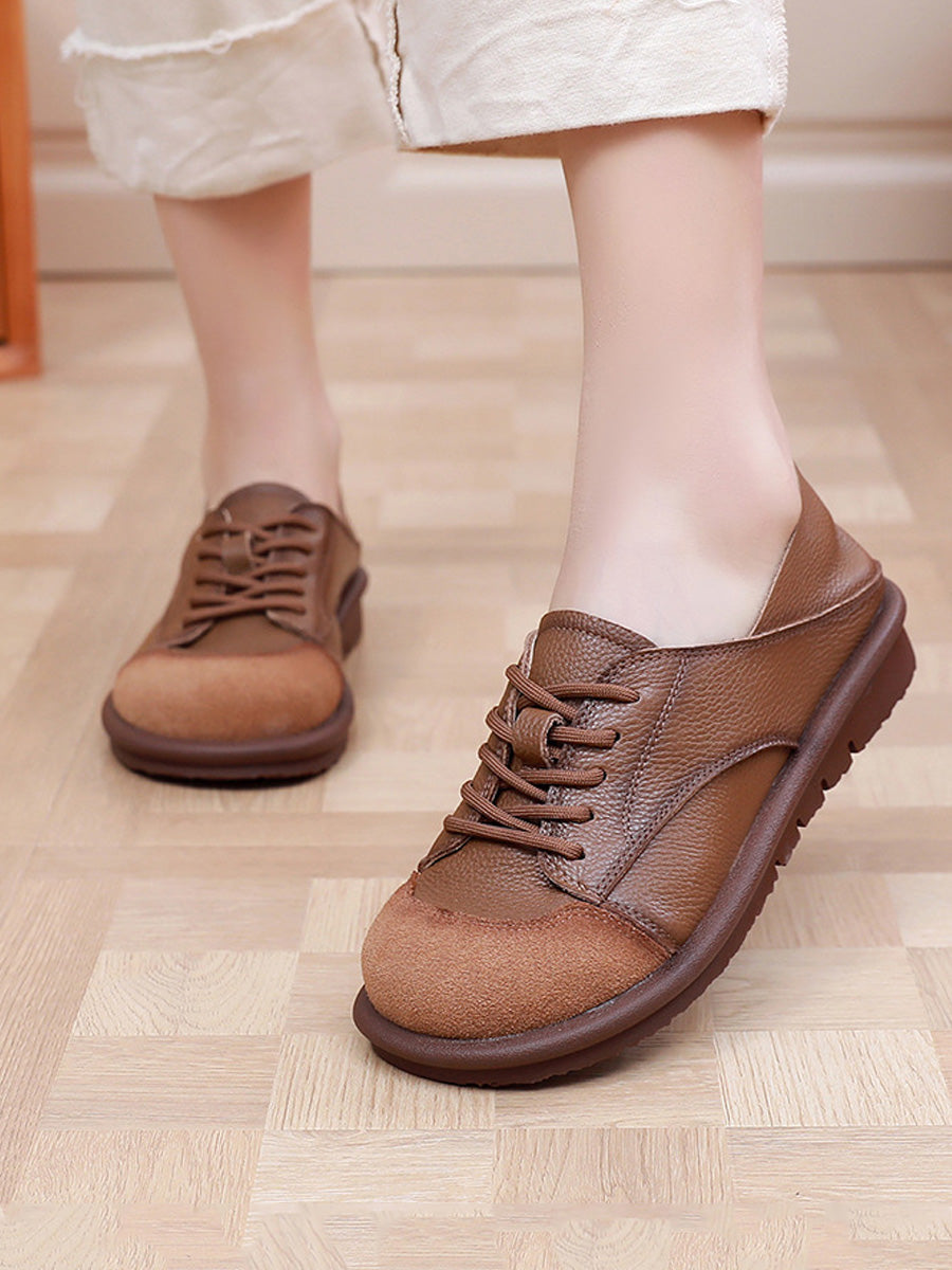 Women Vintage Leather Spliced Strap Flat Shoes