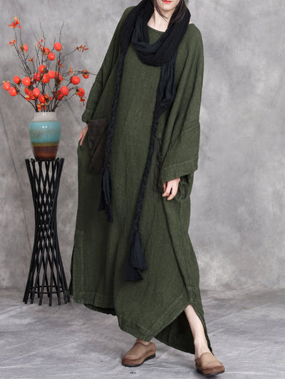 Women Autumn Vintage Spliced O-Neck Linen Maxi Dress