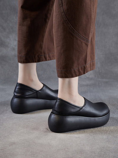 Women Genuine Leather Pure Color Platfrom Shoes