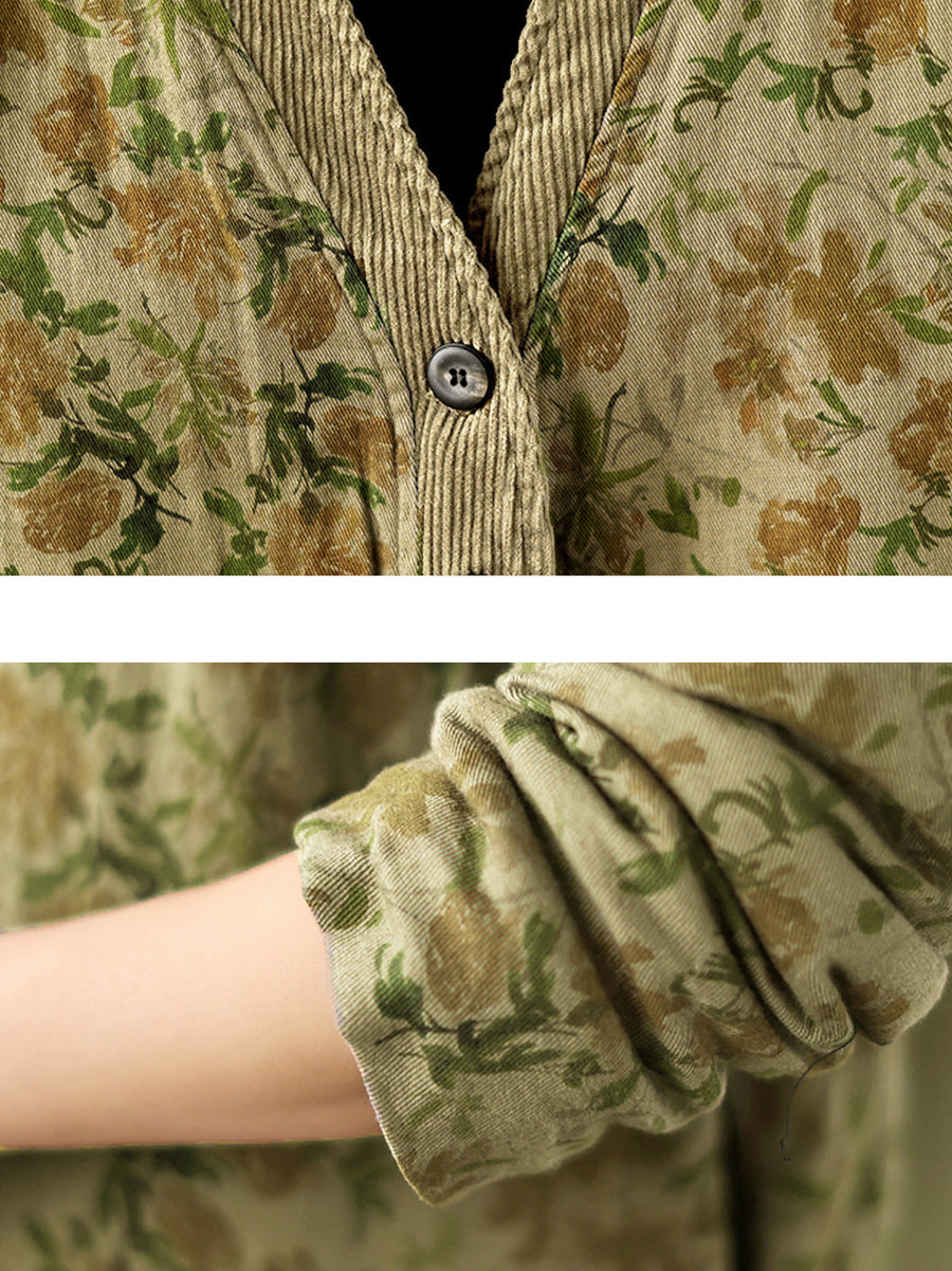 Plus Size Women Retro Floral Spliced V-Neck Padded Jacket