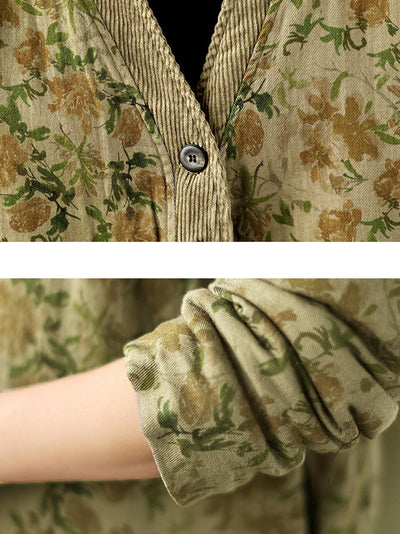 Plus Size Women Retro Floral Spliced V-Neck Padded Jacket