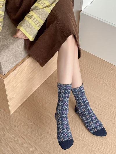5 Pairs Women Autumn Artsy Floral Jacquard Socks