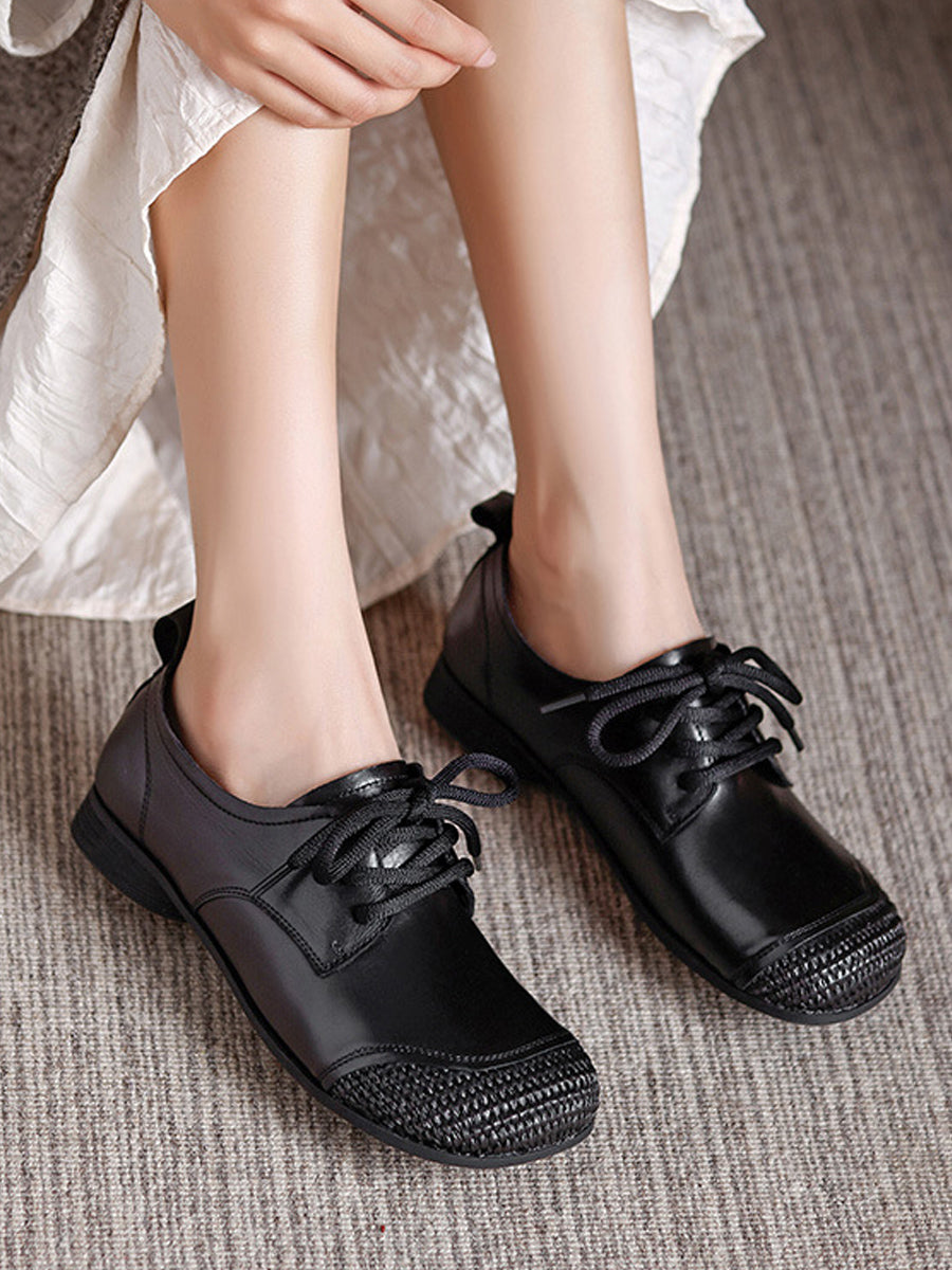 Women Autumn Vintage Leather Spliced Low Heel Shoes
