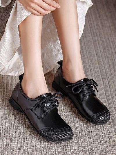 Women Autumn Vintage Leather Spliced Low Heel Shoes