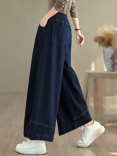 Women Autumn Retro Washed Denim Wide-leg Pants