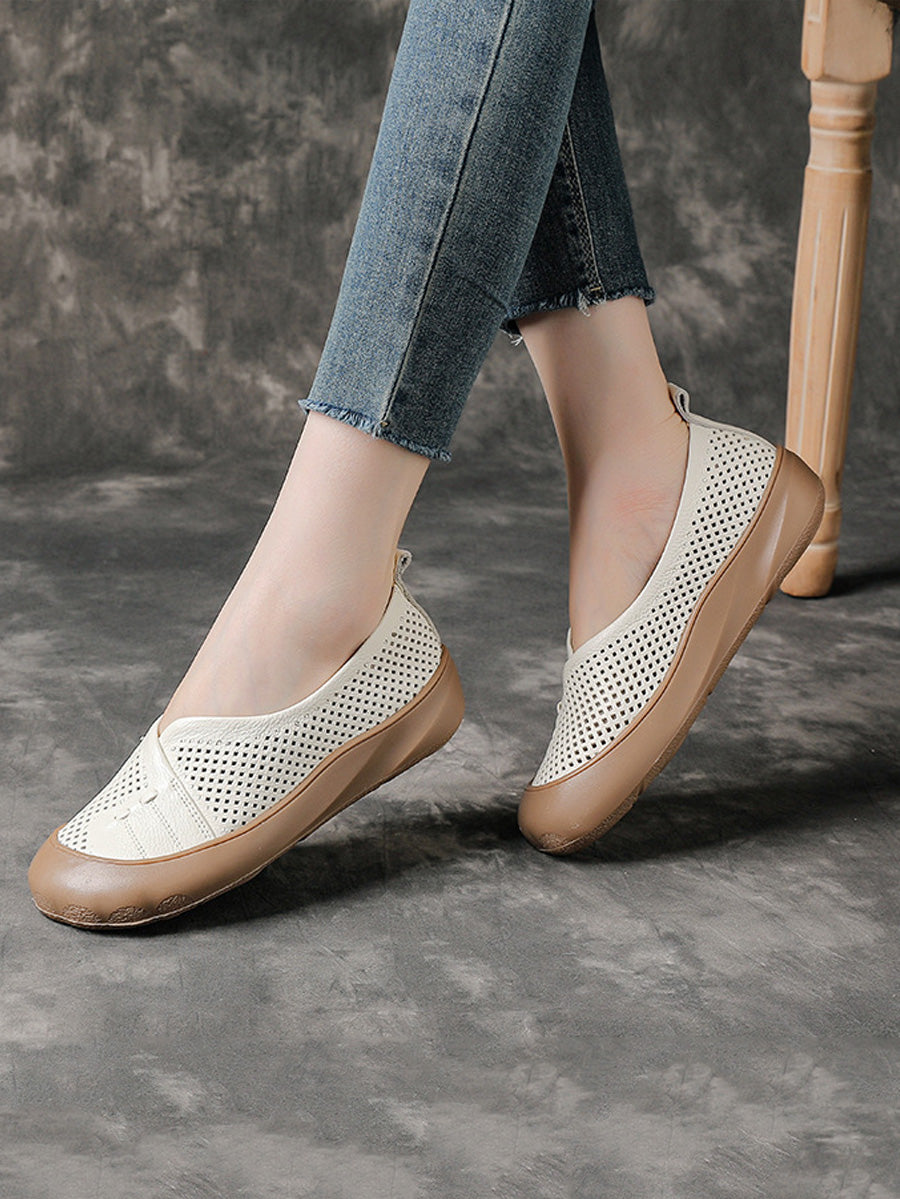 Women Summer Pure Color Leather Spliced Flat Shoes