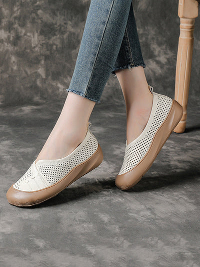 Women Summer Pure Color Leather Spliced Flat Shoes