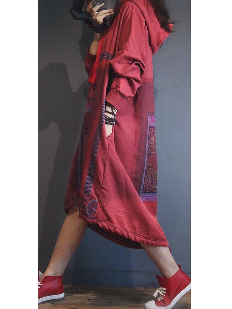Women Ethnic Autumn Flower Hooded Dress