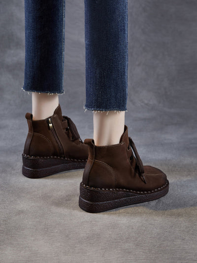 Women Pure Color Genuine Leather Platform Ankle Boots