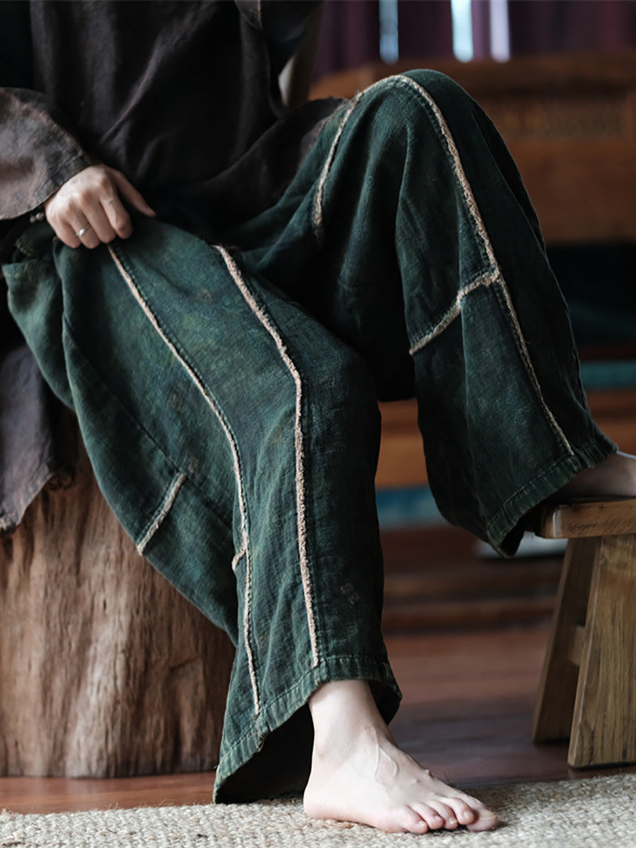 Plus Size Women Summer Retro Spliced Wide-leg Cotton Pants