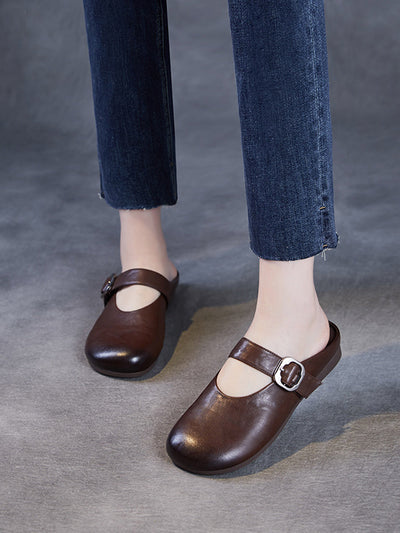 Women Summer Genuine Leather Pure Color Slippers