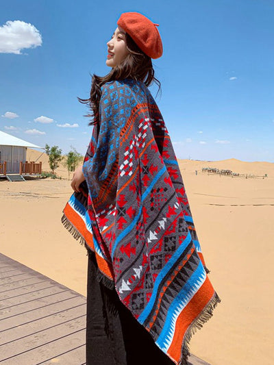 Women Retro Geometric Jacquard Warm Shawl Scarf