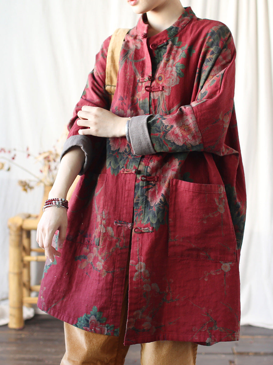 Women Autumn Ethnic Flower Stand Collar Cotton Coat
