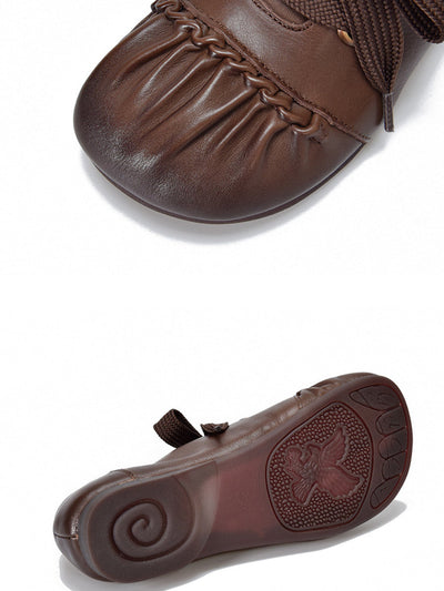 Women Casual Leather Spliced Strap Low Heel Shoes