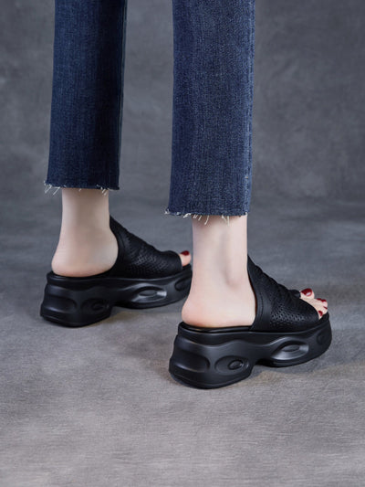 Women Summer Casual Genuine Leather Platform Slippers