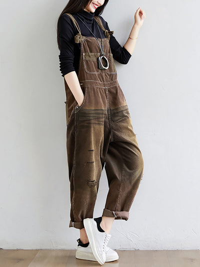 Women Retro Colorblock Autumn Denim Jumpsuits