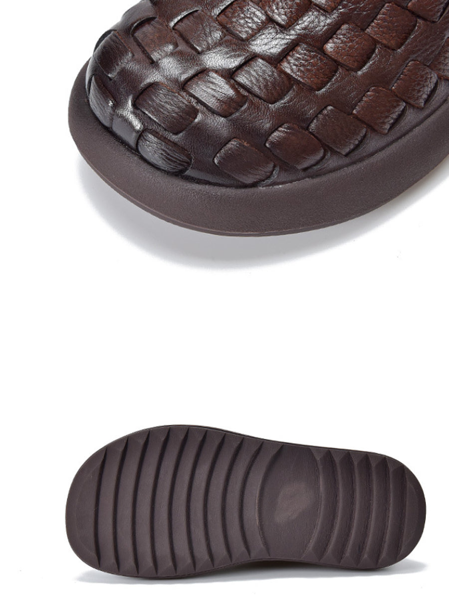 Women Retro Genuine Leather Weave Ankle Boots