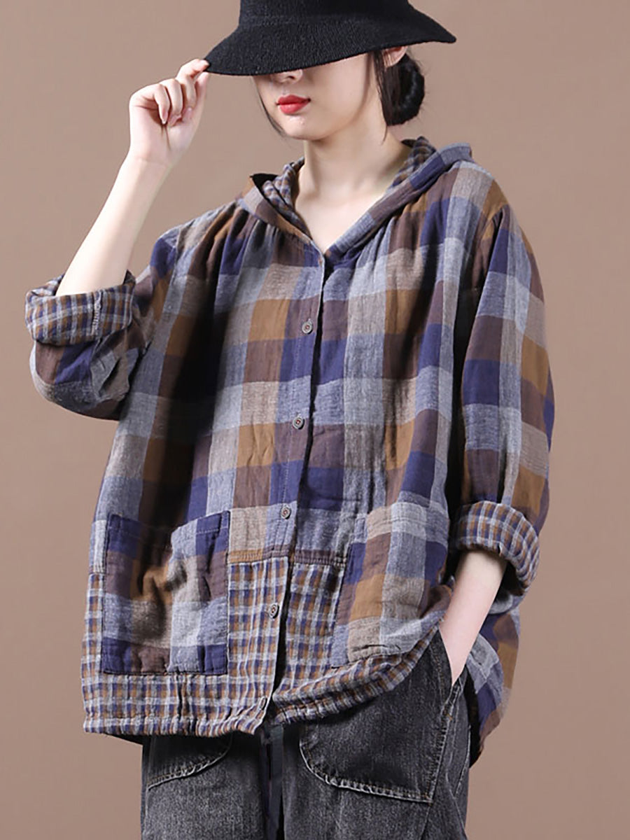 Plus Size Loose Stitching Drawstring Cotton Linen Hooded Blouse Shirt