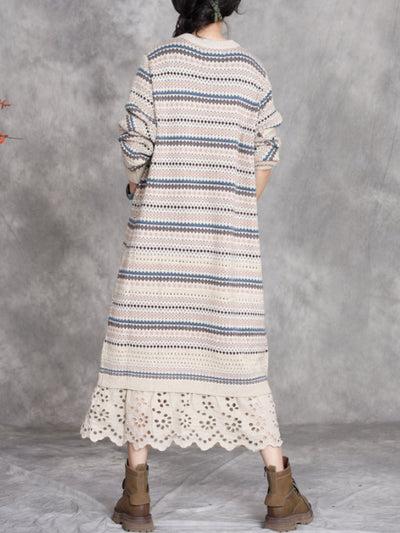 Women Autumn Artsy Stripe O-Neck Spliced Wool Dress