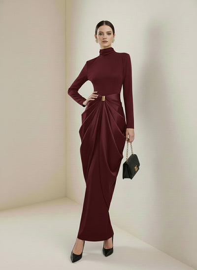 Long Sleeves Buckle Draped High-Neck Evening Dresses Maxi Dresses