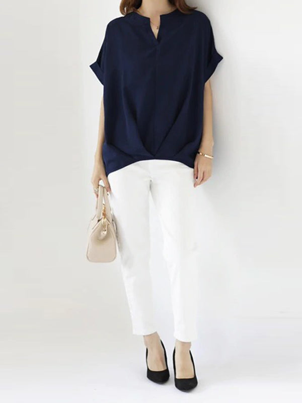 Batwing Sleeves Loose Pleated Solid Color Split-Joint Round-Neck Blouses&Shirts Tops