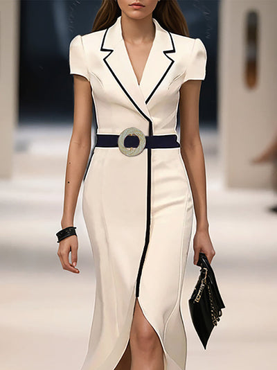 Bodycon High-Low Belted Pleated Solid Color Notched Collar Maxi Dresses