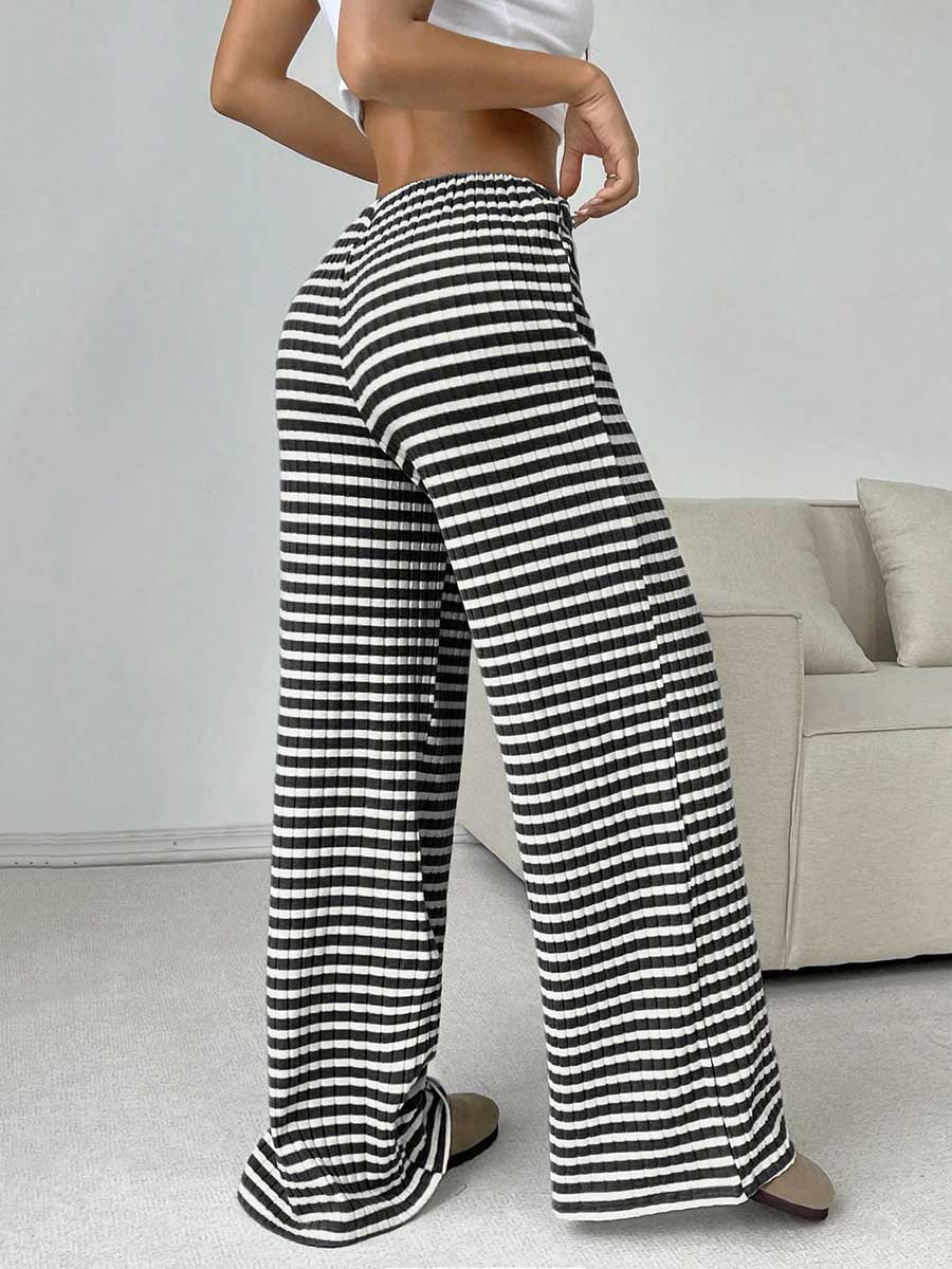 Elasticated Waist High Waisted Contrast Color Drawstring Split-Joint Striped Pants