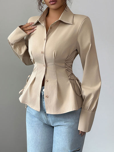 Long Sleeves Puff Sleeves Buttoned Pleated Solid Color Tied Lapel Blouses&Shirts Tops