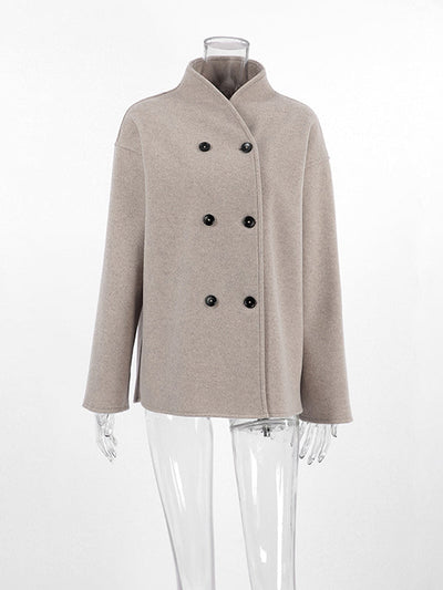 Long Sleeves Loose Buttoned Stand Collar Woolen Coat