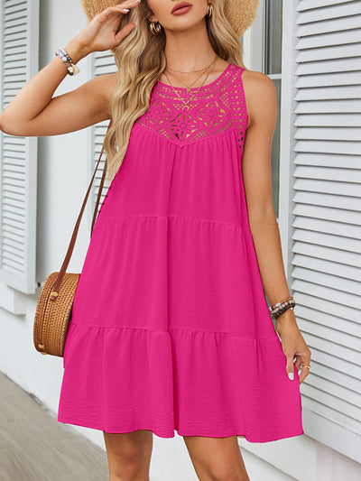 Loose Sleeveless Hollow Pleated Solid Color Split-Joint Round-Neck Mini Dresses