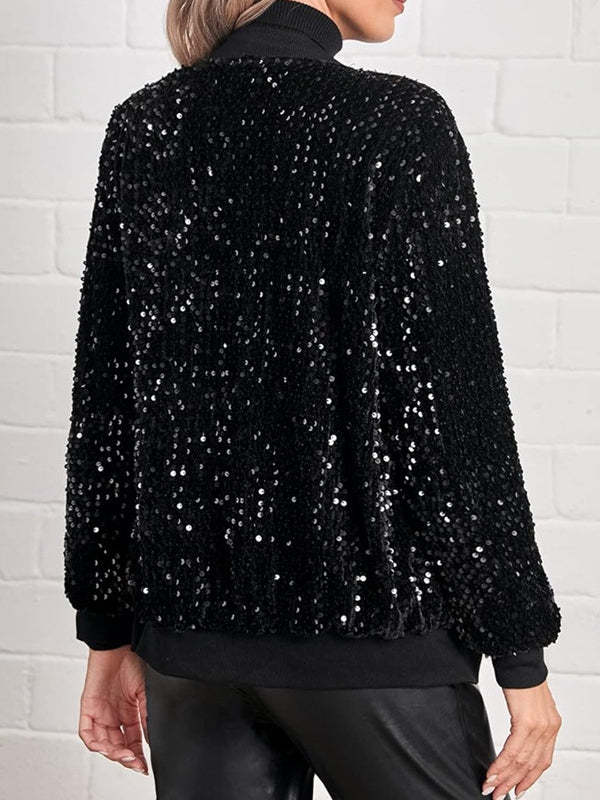 Long Sleeves Loose Sequined Solid Color Split-Joint Round-Neck Jackets Outerwear