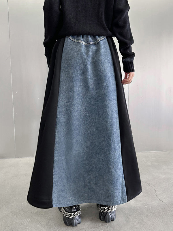 A-Line Loose Contrast Color Drawstring Split-Joint Striped Skirts Bottoms