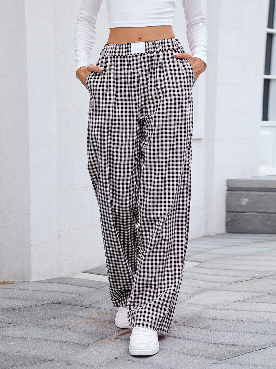 Elasticated Waist High Waisted Contrast Color Plaid Pockets Split-Joint Pants Trousers