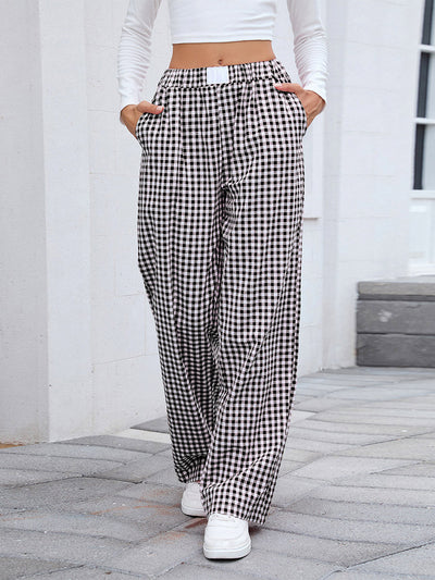 Elasticated Waist High Waisted Contrast Color Plaid Pockets Split-Joint Pants Trousers
