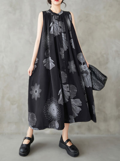 A-Line Loose Buttoned Flower Print Pleated Pockets Round-Neck Midi Dresses