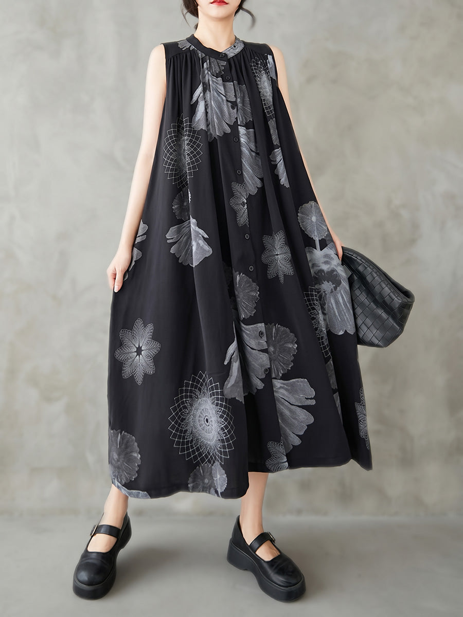 A-Line Loose Buttoned Flower Print Pleated Pockets Round-Neck Midi Dresses
