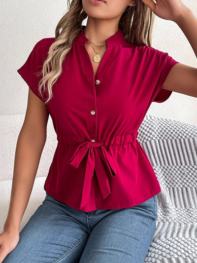 Loose Short Sleeves Drawstring Split-Joint Round-Neck Blouses&Shirts Tops