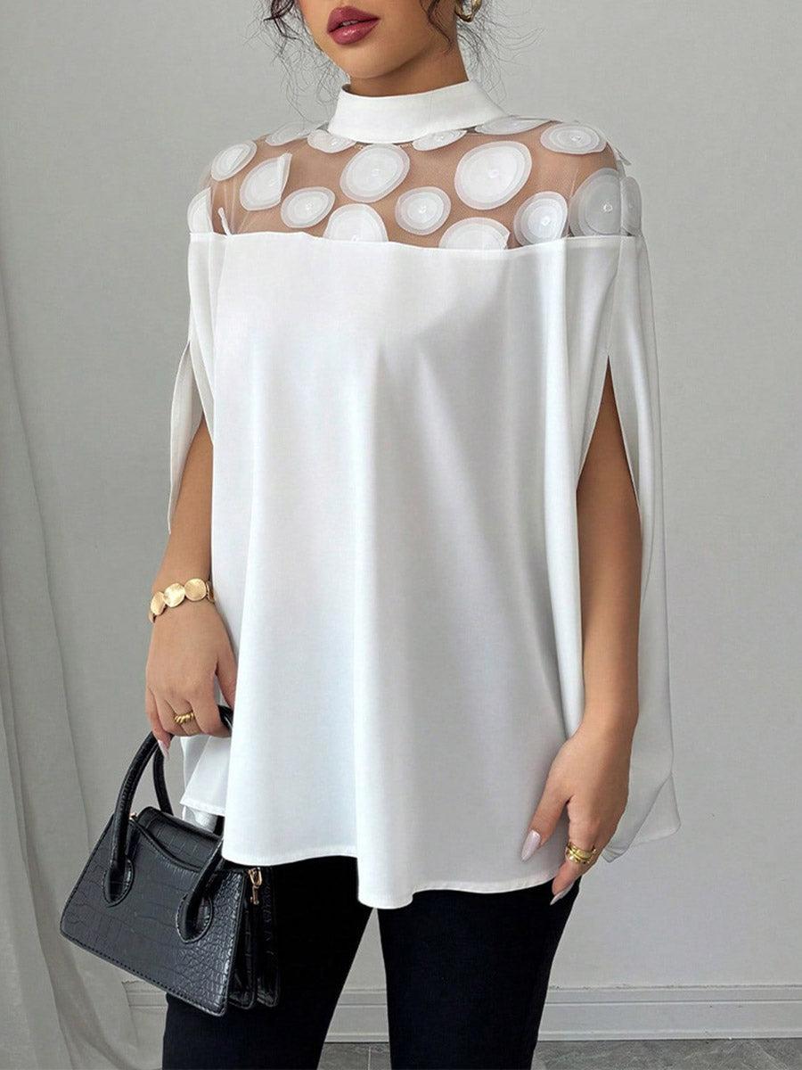 Cape Loose Geometric Pleated See-Through Solid Color Split-Joint Half Turtleneck Blouses&Shirts Tops