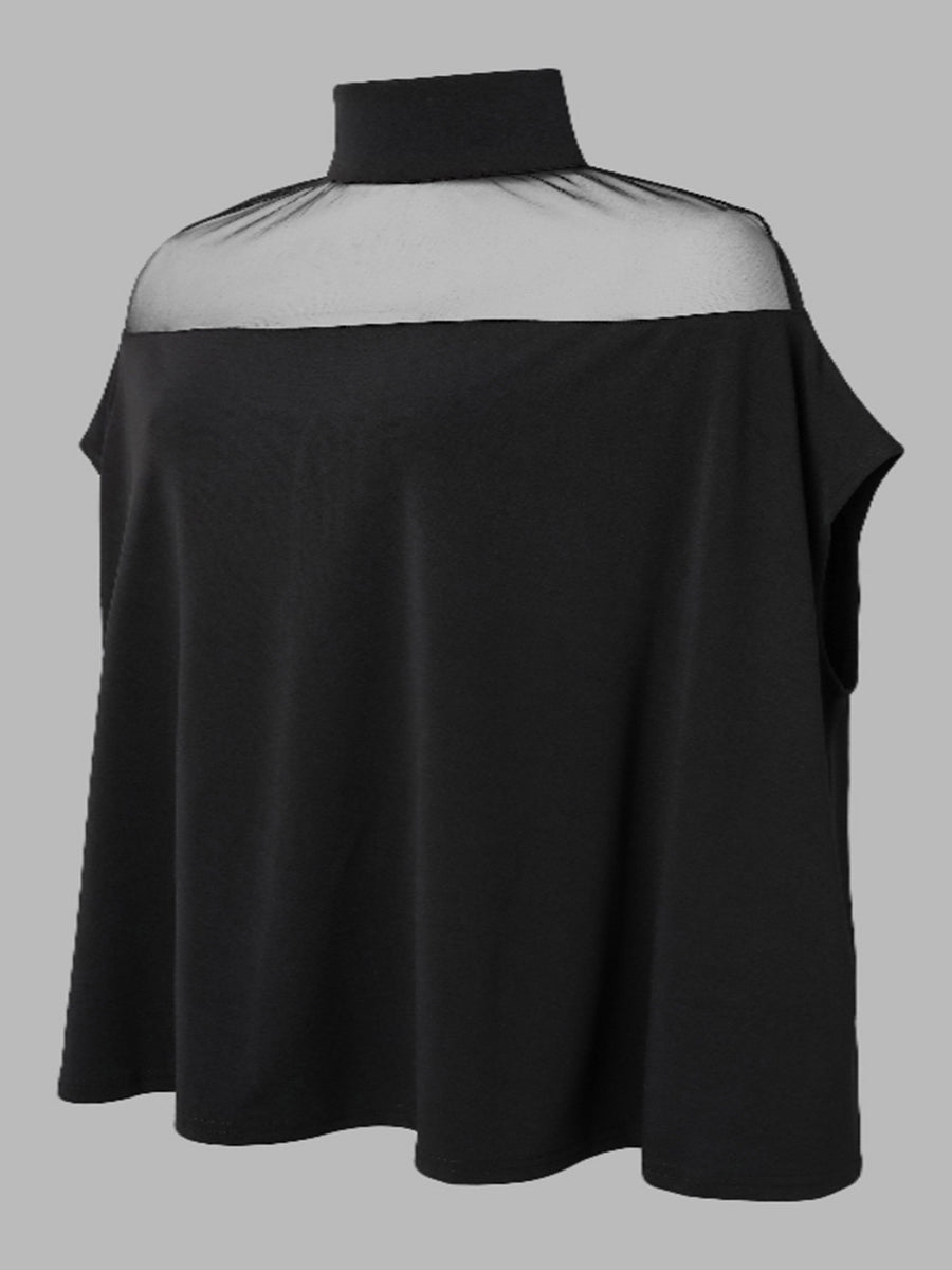 Batwing Sleeves Plus Size Cape See-Through Solid Color Split-Toe High-Neck Blouses&Shirts Tops